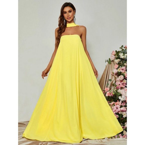 Choker Neck Backless Maxi Dress Yellow FORMAL PROM WEDDING DATE VACATION - Picture 6 of 7
